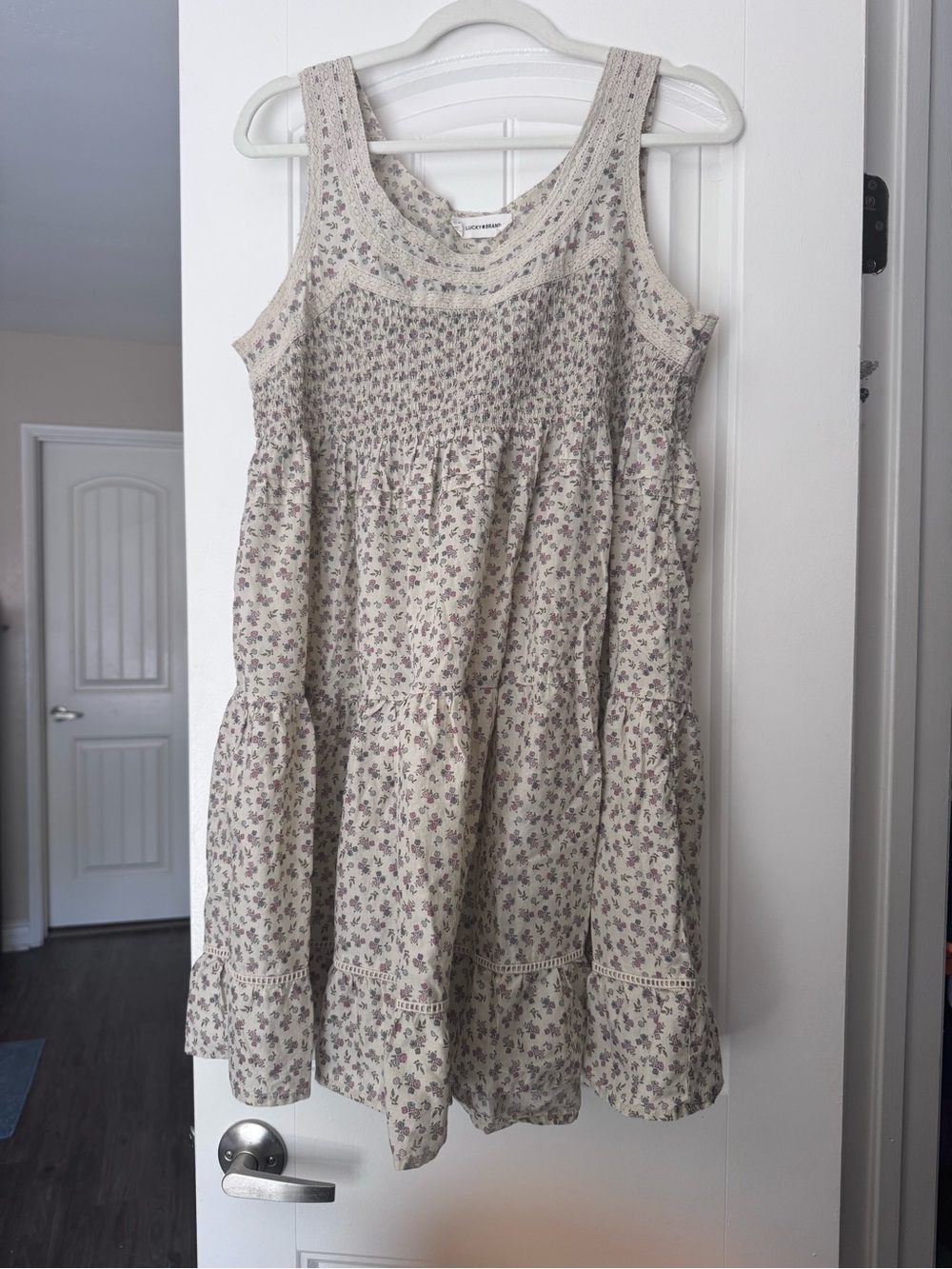 Lucky Brand Sleeveless Floral Tiered Sundress in Cream with Lavender Print
